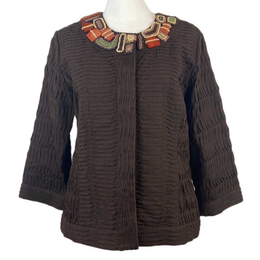 CHICO’S Brown Pleated Jacket Beaded Neckline Covered Snaps Boho Size 1 Medium